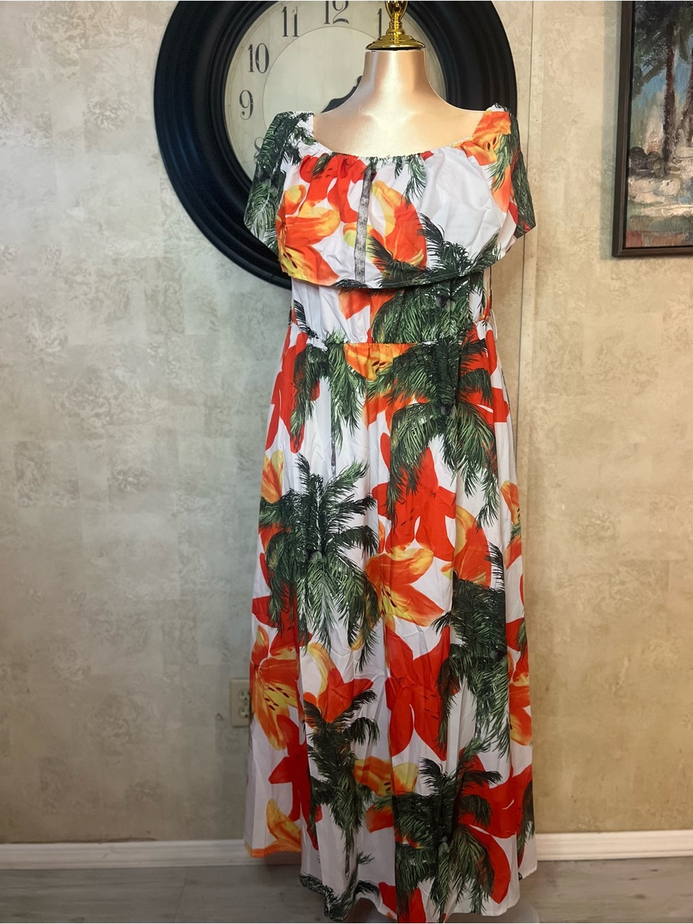 SHEIN White Maxi Dress with Orange Floral & Green Palm Print